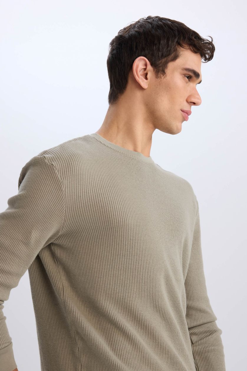 Erkek Haki Boxy Fit Bisiklet Yaka Pamuklu Basic Düz Kısa Kollu Tişört