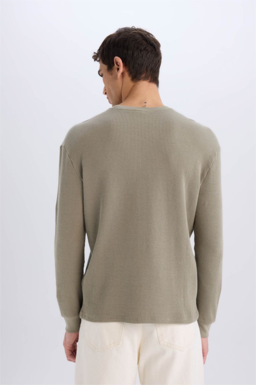 Erkek Haki Boxy Fit Bisiklet Yaka Pamuklu Basic Düz Kısa Kollu Tişört