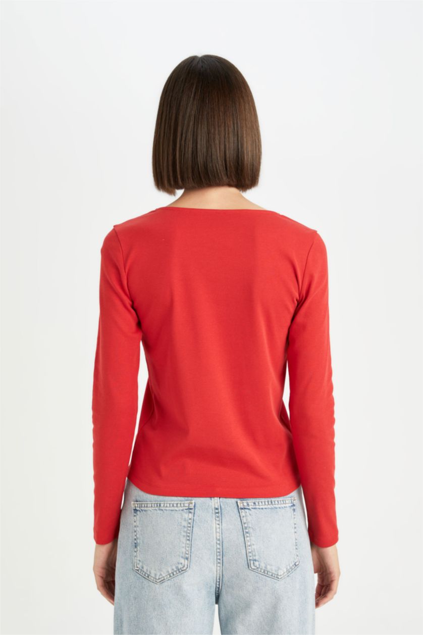 نساء أحمر تيشيرت كم طويل مضلع سامبل قصة عادية برقبة مربعة