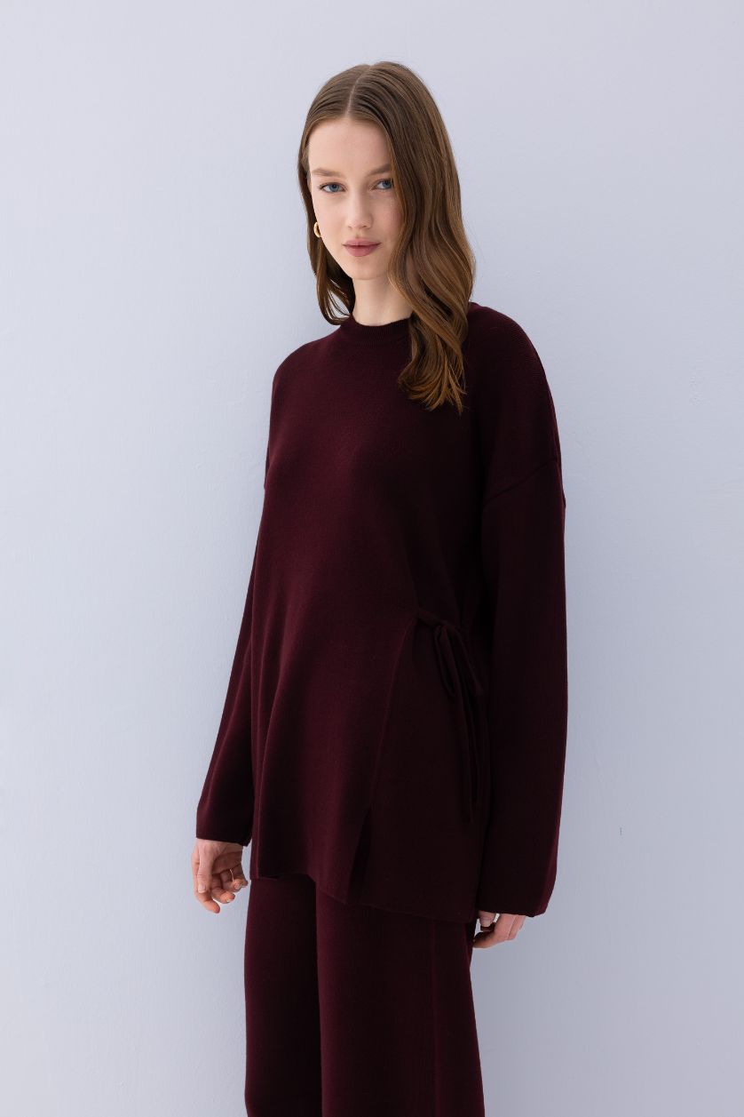 Kadın Bordo Regular Fit Bisiklet Yaka Bağlamalı Basic Düz Triko Kazak Tunik