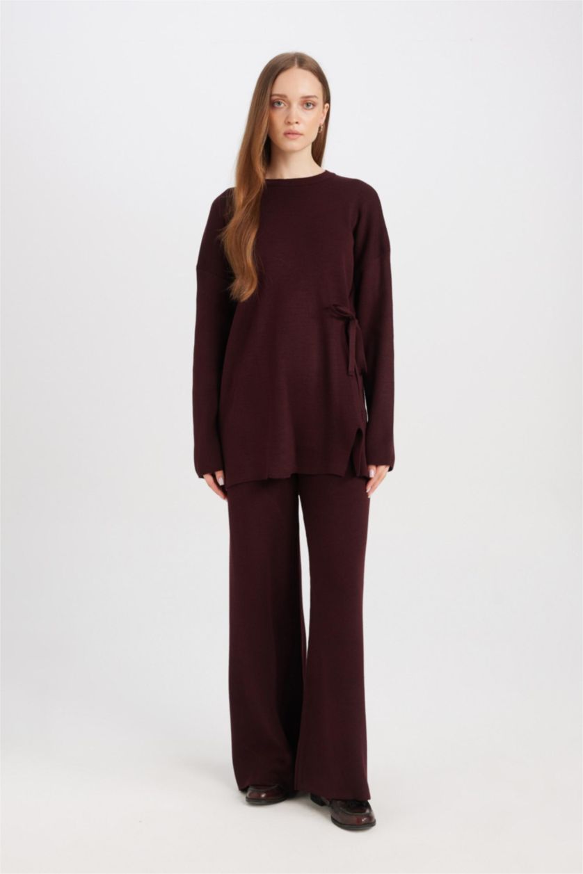 Kadın Bordo Regular Fit Bisiklet Yaka Bağlamalı Basic Düz Triko Kazak Tunik