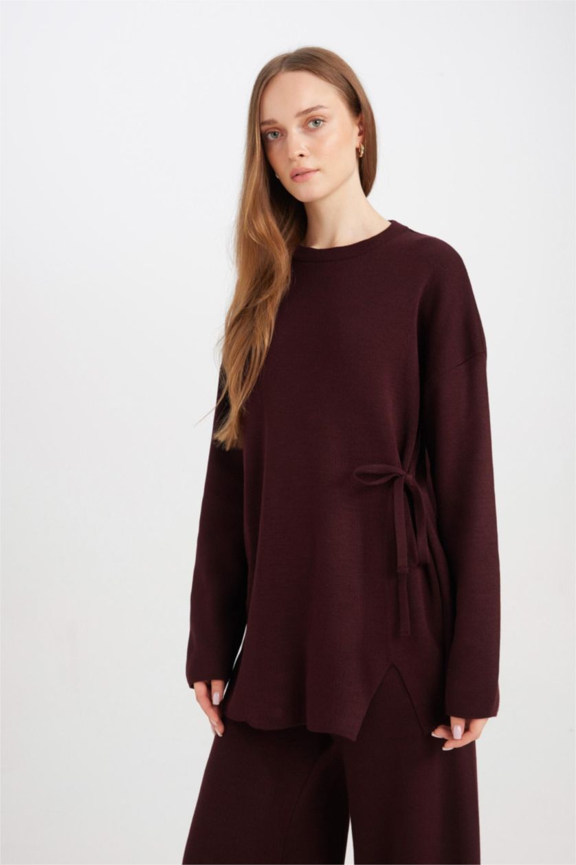 Kadın Bordo Regular Fit Bisiklet Yaka Bağlamalı Basic Düz Triko Kazak Tunik