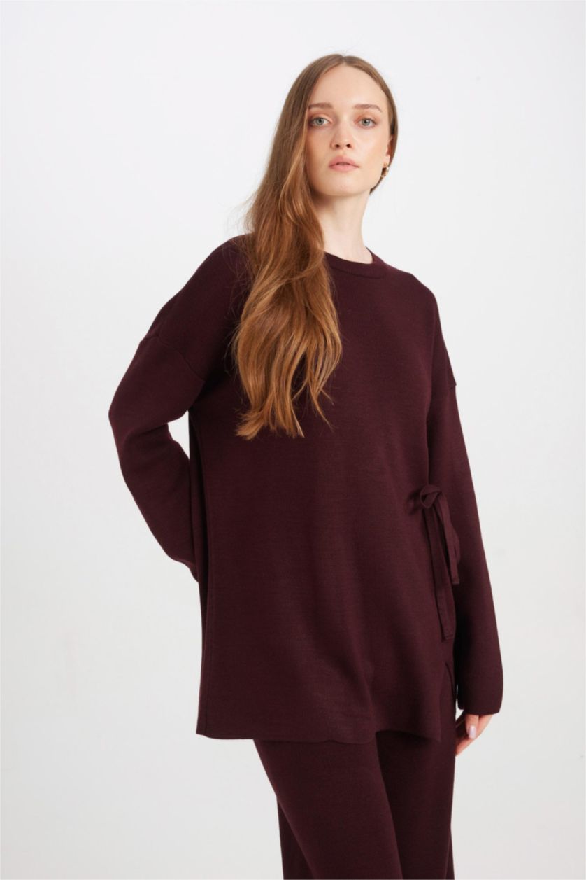 Kadın Bordo Regular Fit Bisiklet Yaka Bağlamalı Basic Düz Triko Kazak Tunik