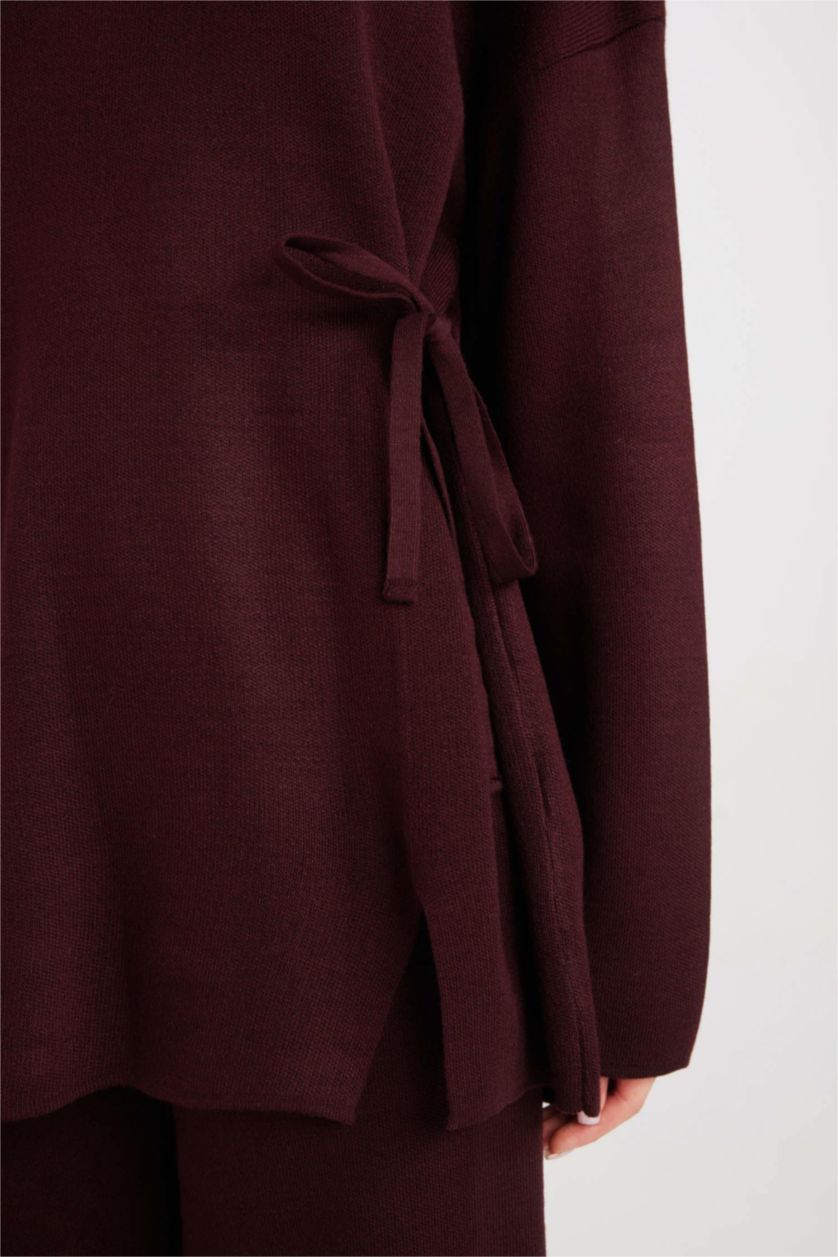 Kadın Bordo Regular Fit Bisiklet Yaka Bağlamalı Basic Düz Triko Kazak Tunik