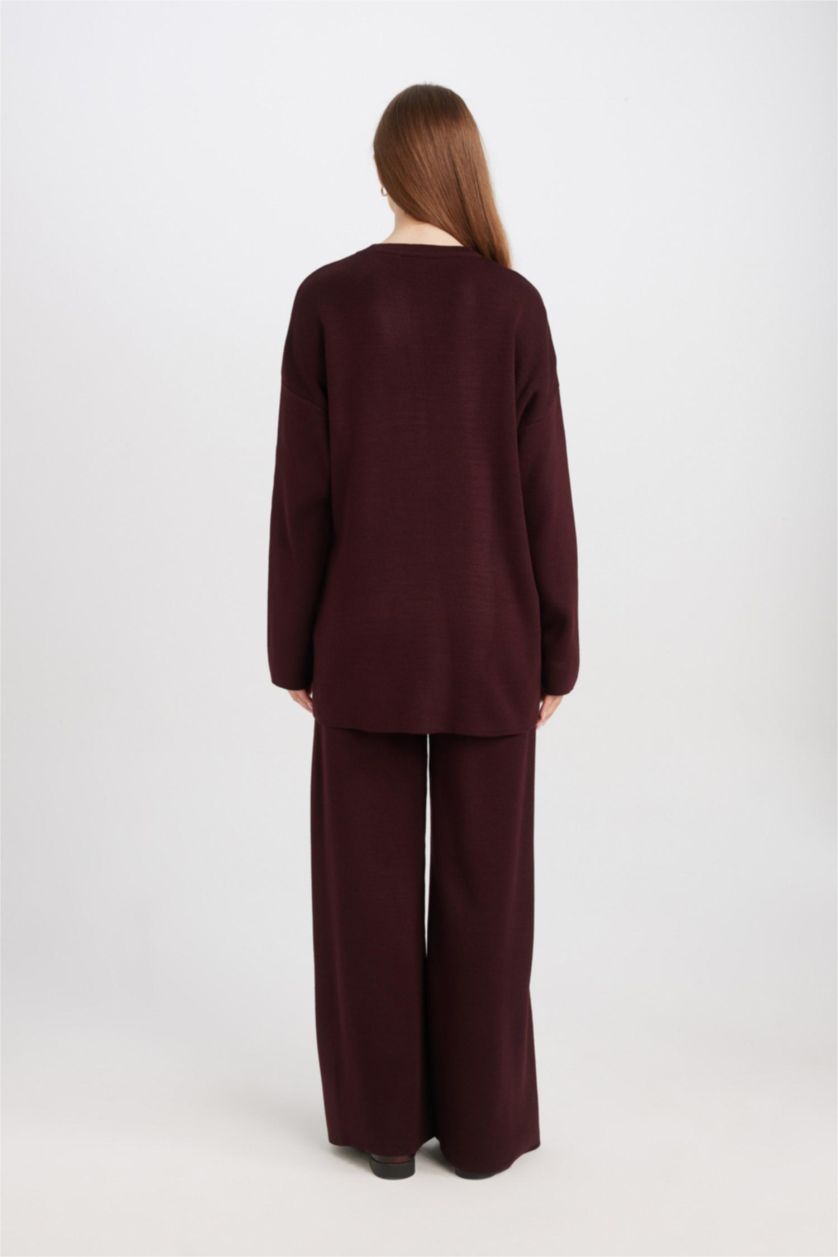 Kadın Bordo Regular Fit Bisiklet Yaka Bağlamalı Basic Düz Triko Kazak Tunik