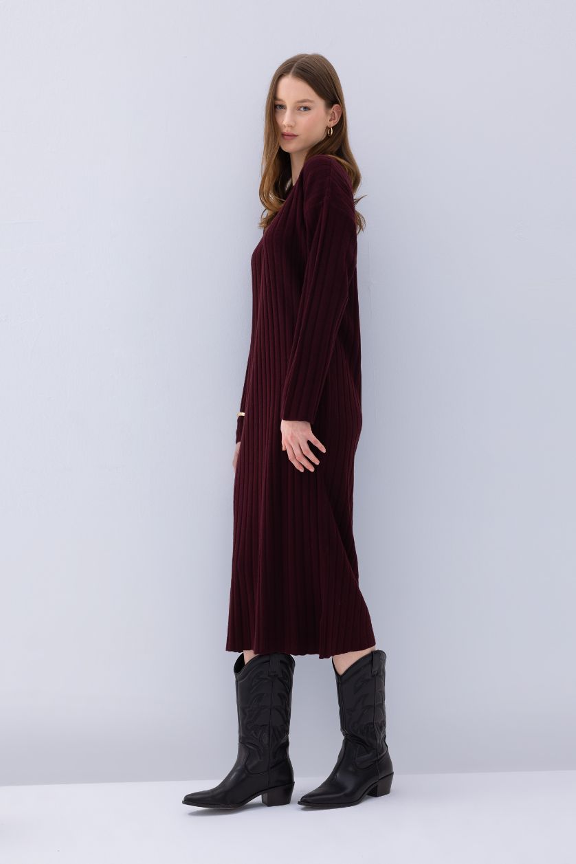 Kadın Bordo Regular Fit Bisiklet Yaka Basic Düz Uzun Kollu Triko Elbise