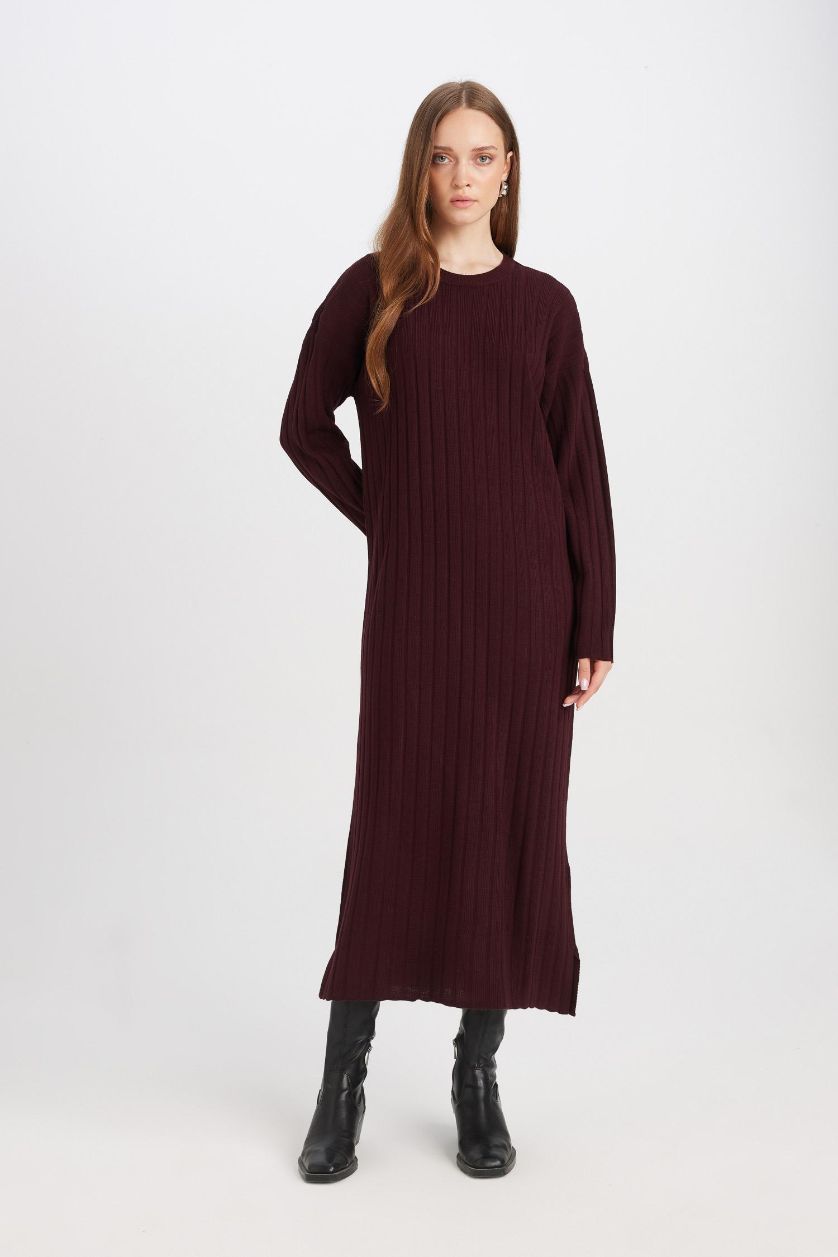 Kadın Bordo Regular Fit Bisiklet Yaka Basic Düz Uzun Kollu Triko Elbise