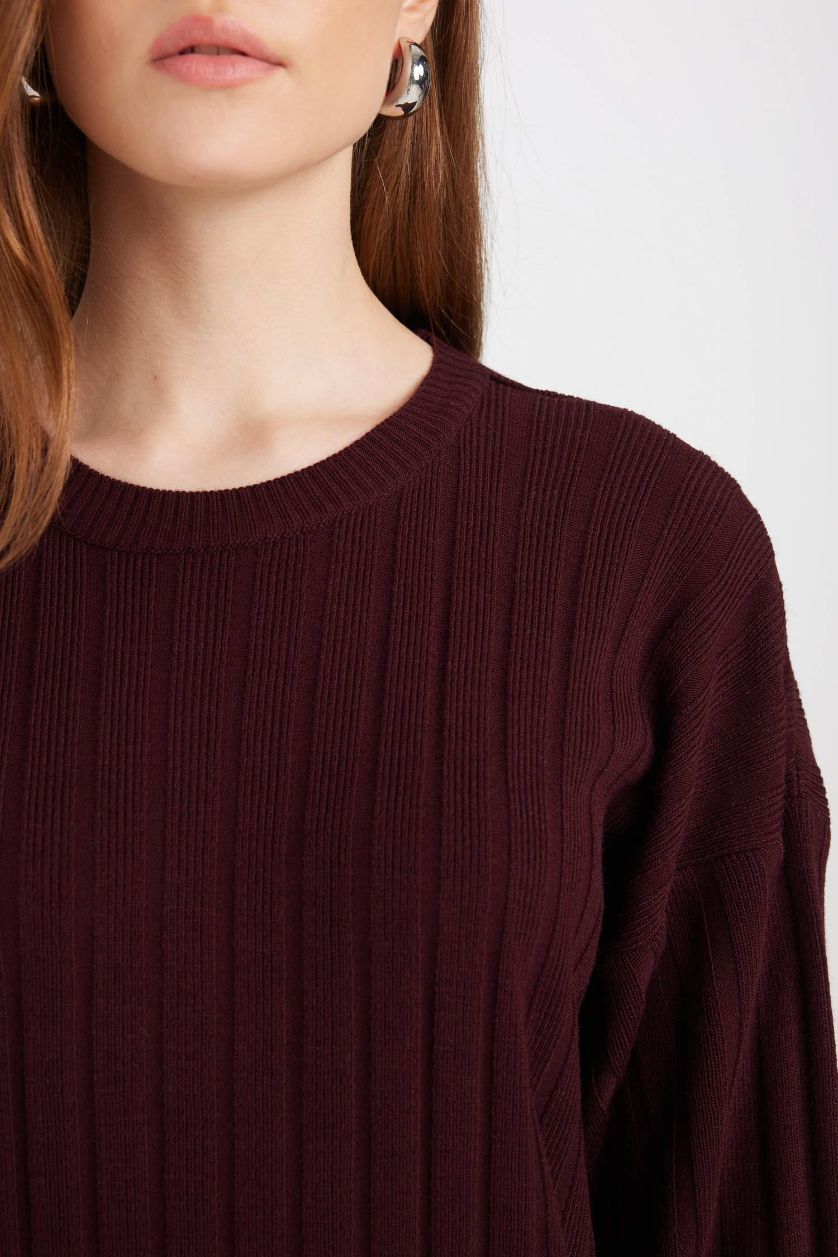 Kadın Bordo Regular Fit Bisiklet Yaka Basic Düz Uzun Kollu Triko Elbise