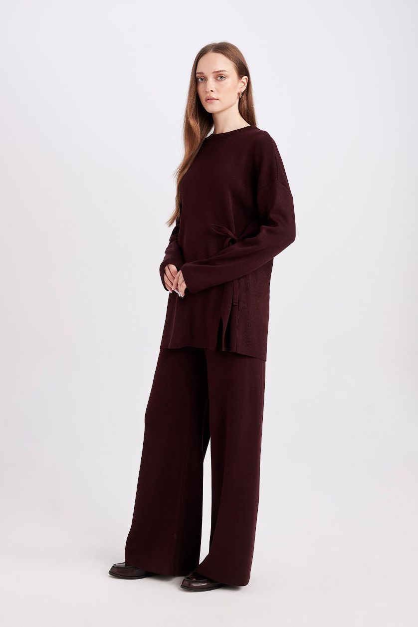 Kadın Bordo Triko Pantolon Regular Fit Beli Lastikli Cepli Basic Düz Paça