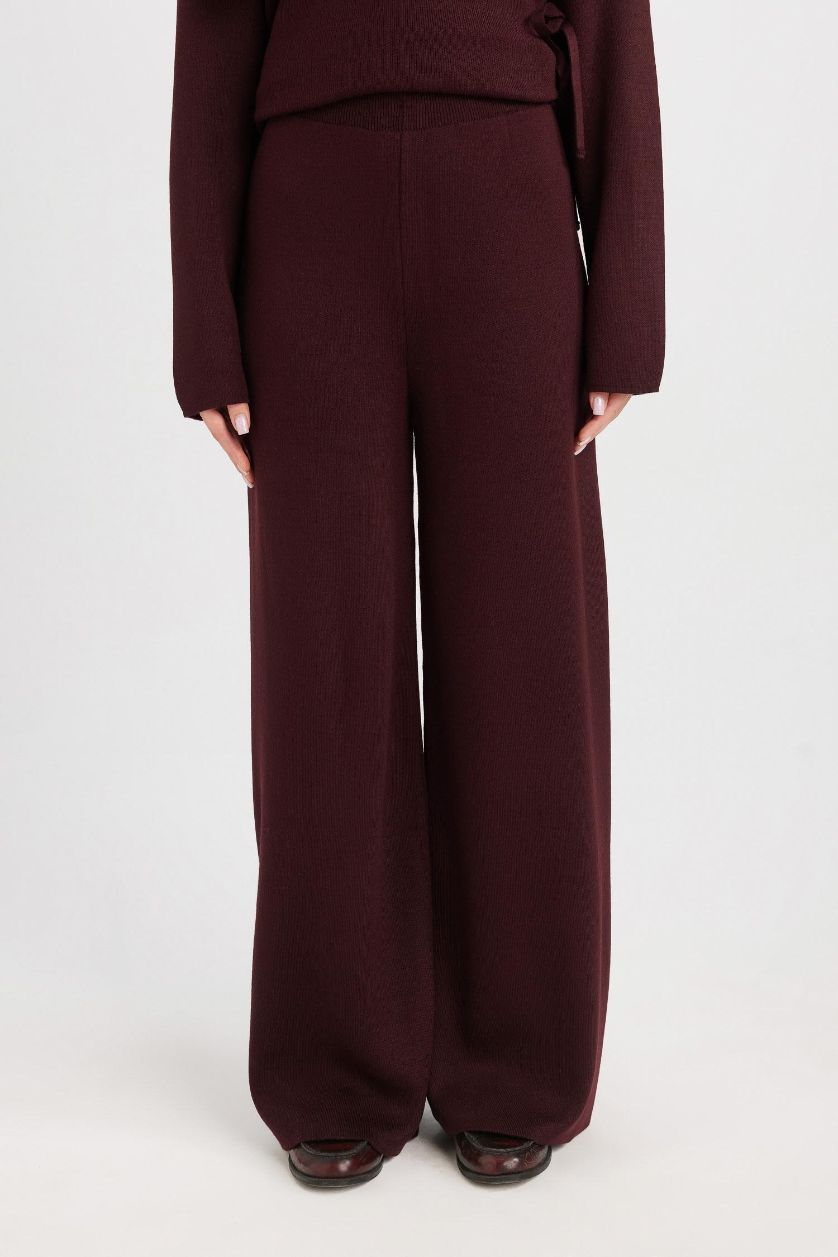 Kadın Bordo Triko Pantolon Regular Fit Beli Lastikli Cepli Basic Düz Paça