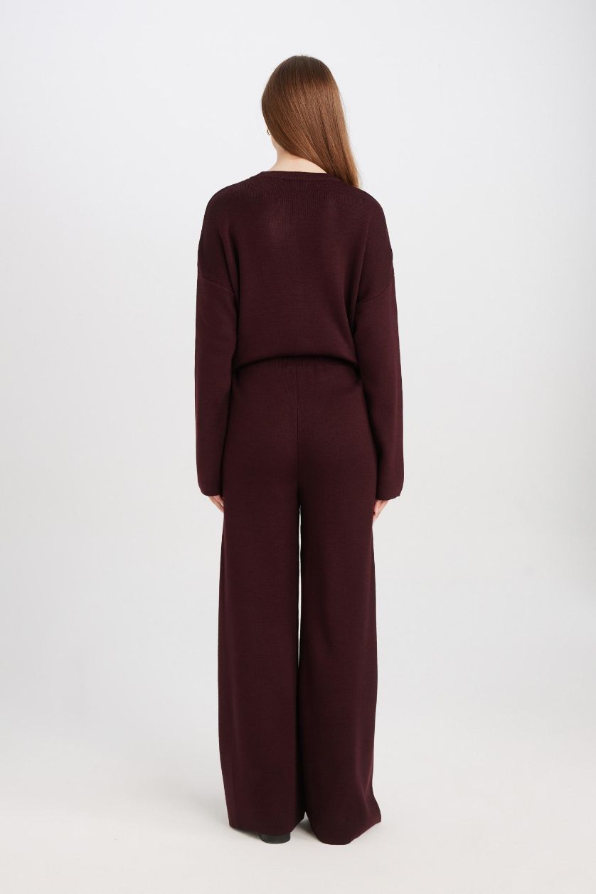 Kadın Bordo Triko Pantolon Regular Fit Beli Lastikli Cepli Basic Düz Paça