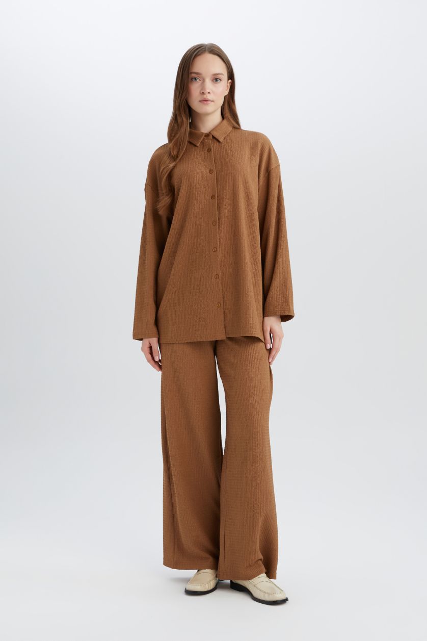 Женщины Бежевый Футболка-поло свободного кроя с длинными рукавами