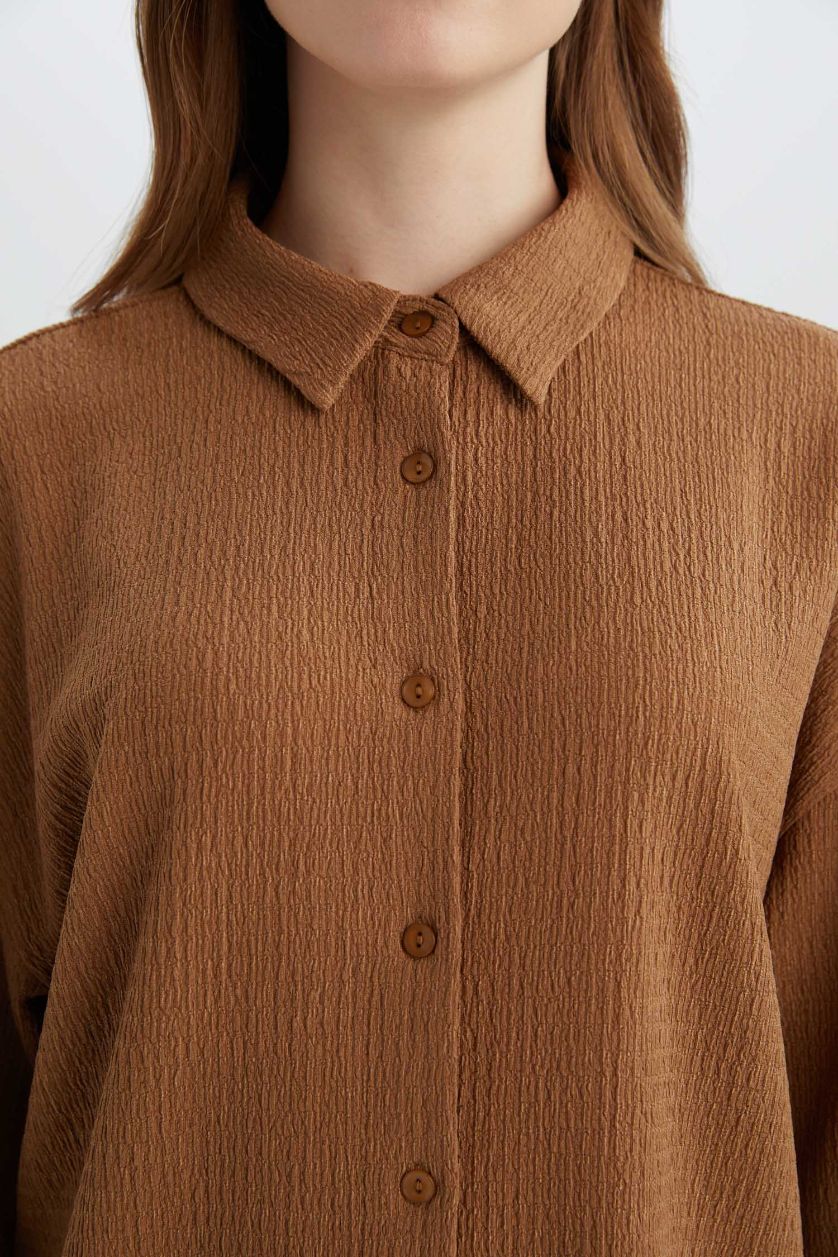 Женщины Бежевый Футболка-поло свободного кроя с длинными рукавами