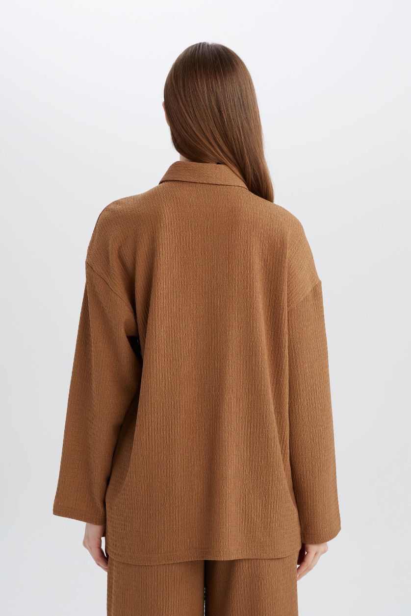 Женщины Бежевый Футболка-поло свободного кроя с длинными рукавами