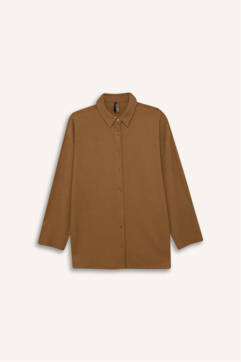 Женщины Бежевый Футболка-поло свободного кроя с длинными рукавами