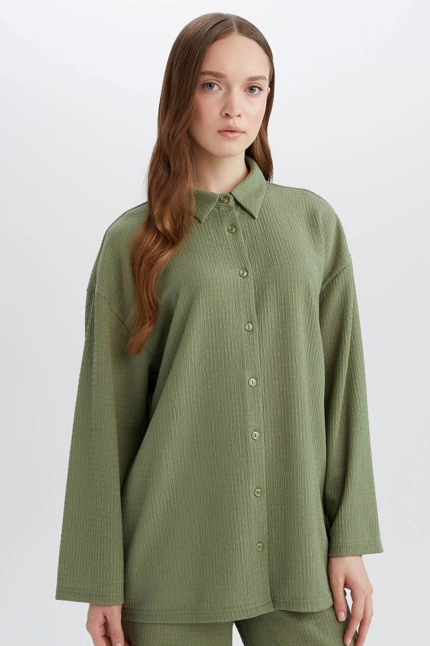 Әйелдерге хаки Traditional поло жаға кресс матасы Ұзын жеңді футболка