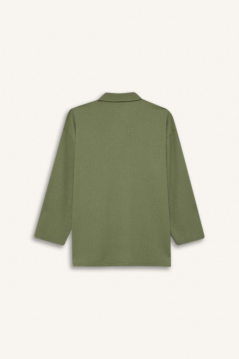 Әйелдерге хаки Traditional поло жаға кресс матасы Ұзын жеңді футболка