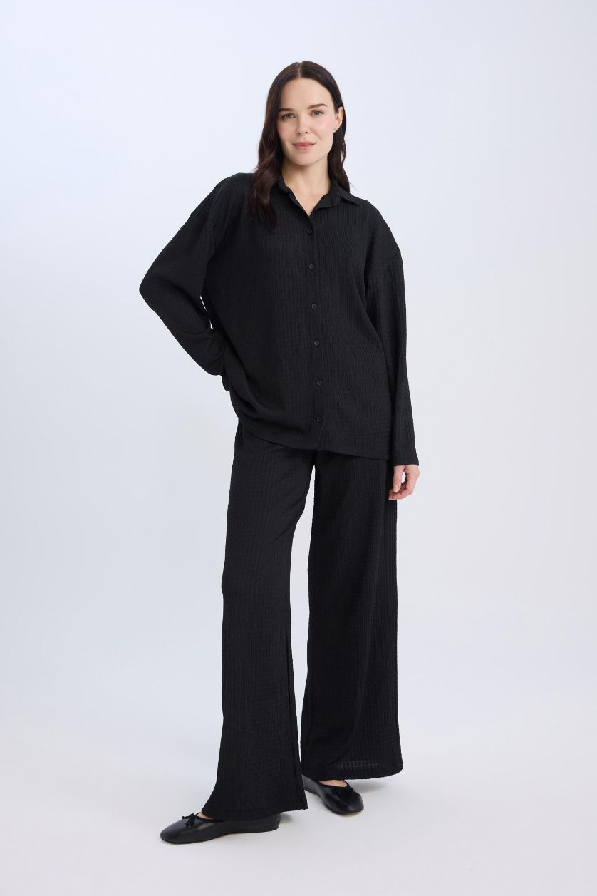 WOMAN Black Straight Fit Elastic Waist Basic Crepe Wide Leg Trousers