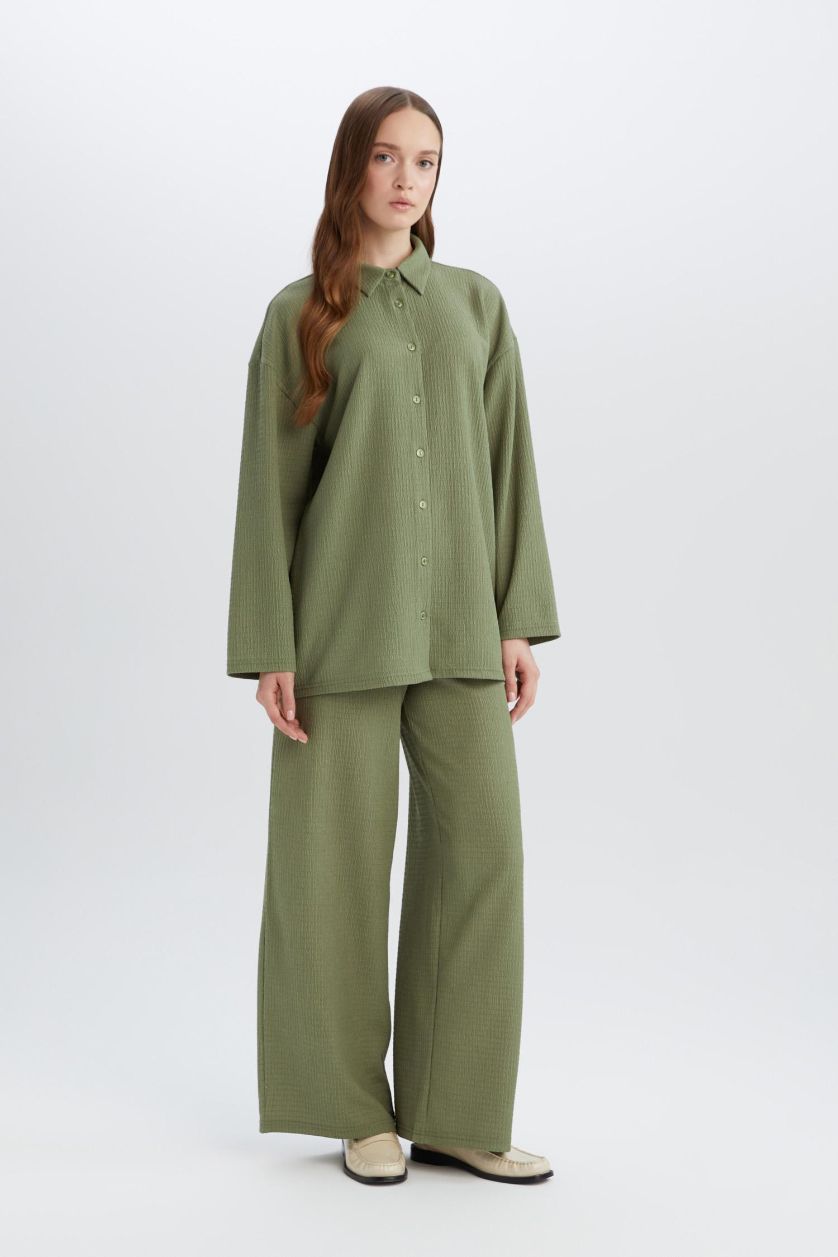 Kadın Haki Straight Fit Beli Lastikli Basic Düz Bürümcük Geniş Paça Pantolon