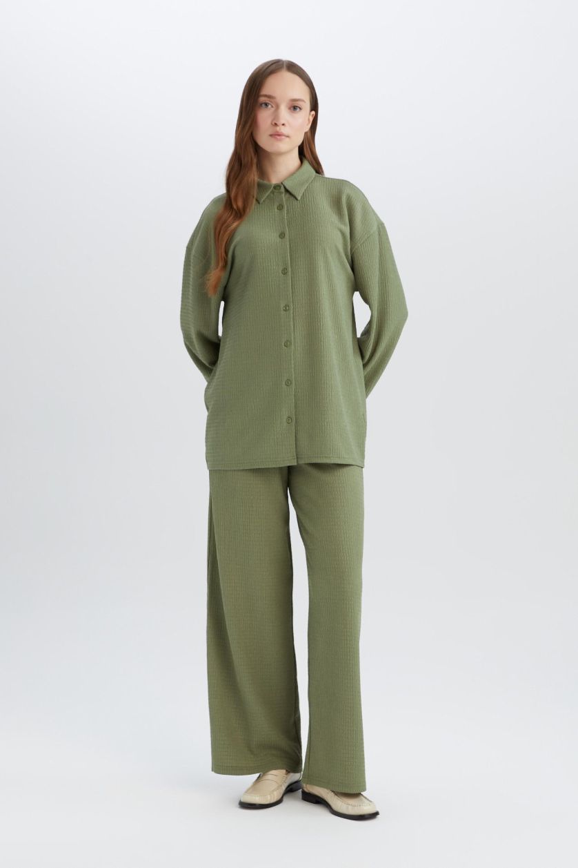 Kadın Haki Straight Fit Beli Lastikli Basic Düz Bürümcük Geniş Paça Pantolon