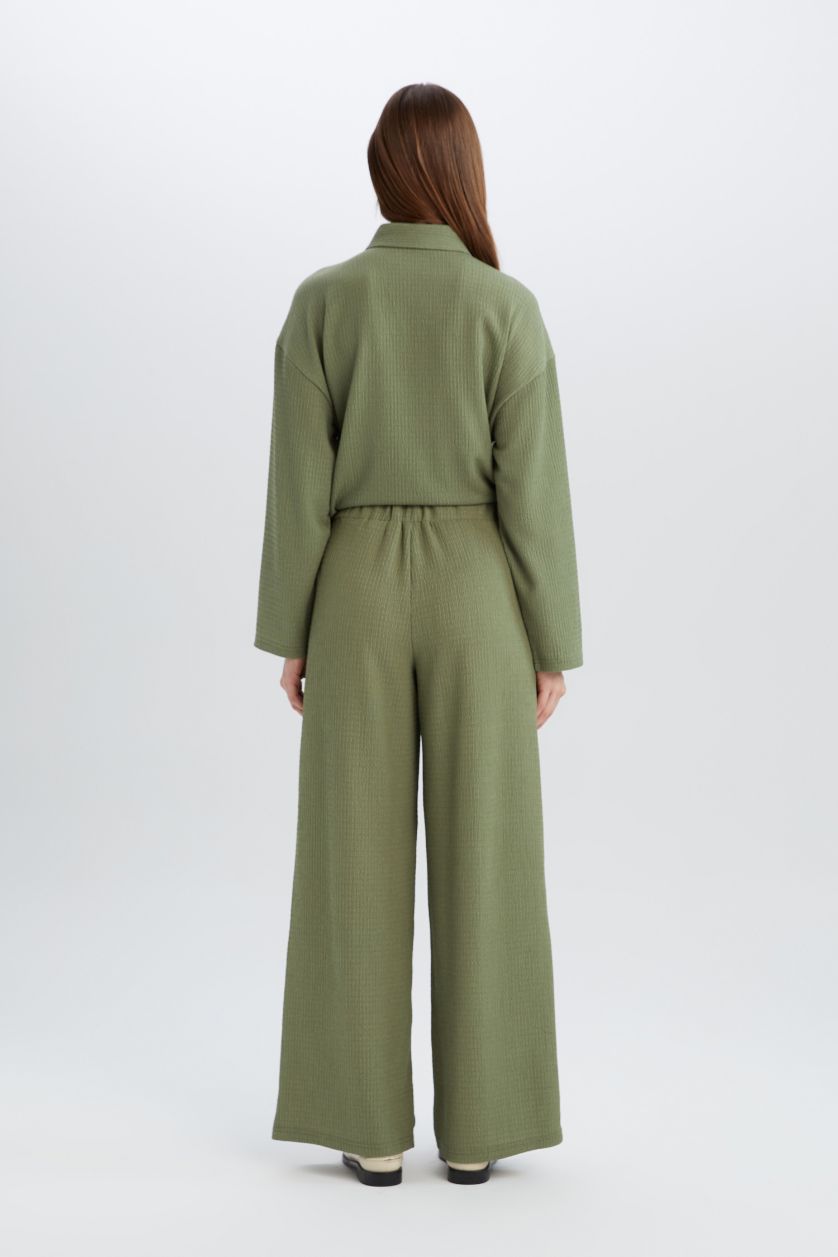 Kadın Haki Straight Fit Beli Lastikli Basic Düz Bürümcük Geniş Paça Pantolon