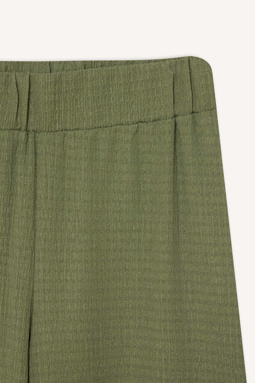 Kadın Haki Straight Fit Beli Lastikli Basic Düz Bürümcük Geniş Paça Pantolon