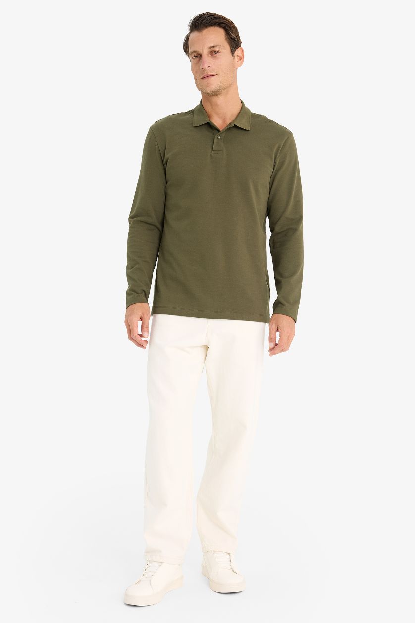 Erkek Koyu Haki %100 Pamuk New Regular Fit Polo Yaka Basic Düz Uzun Kollu Dokulu Pike Tişört