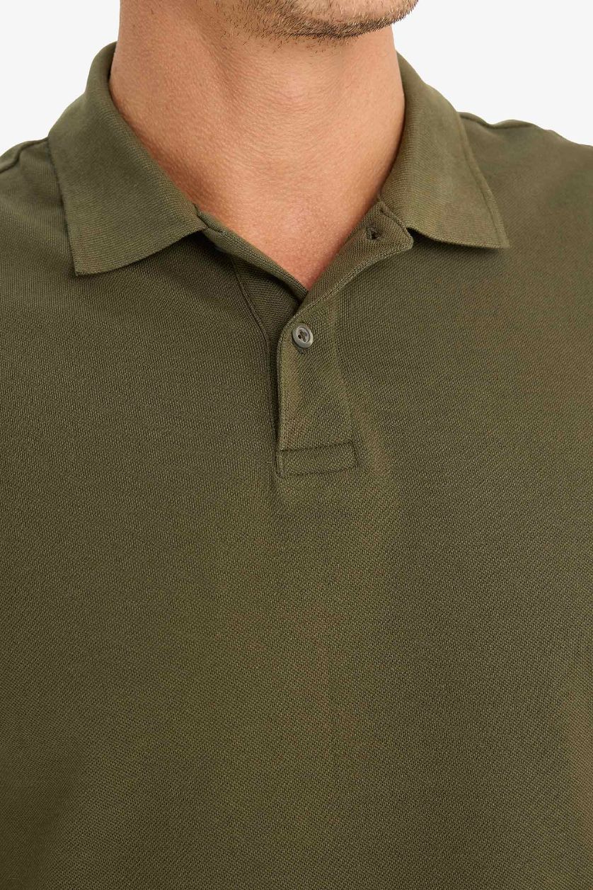 Erkek Koyu Haki %100 Pamuk New Regular Fit Polo Yaka Basic Düz Uzun Kollu Dokulu Pike Tişört