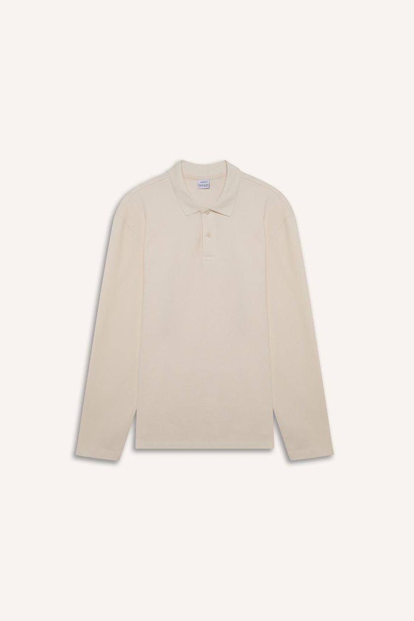 Erkek Kırık Beyaz %100 Pamuk New Regular Fit Polo Yaka Basic Düz Uzun Kollu Dokulu Pike Tişört