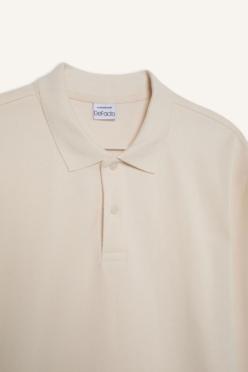 Erkek Kırık Beyaz %100 Pamuk New Regular Fit Polo Yaka Basic Düz Uzun Kollu Dokulu Pike Tişört