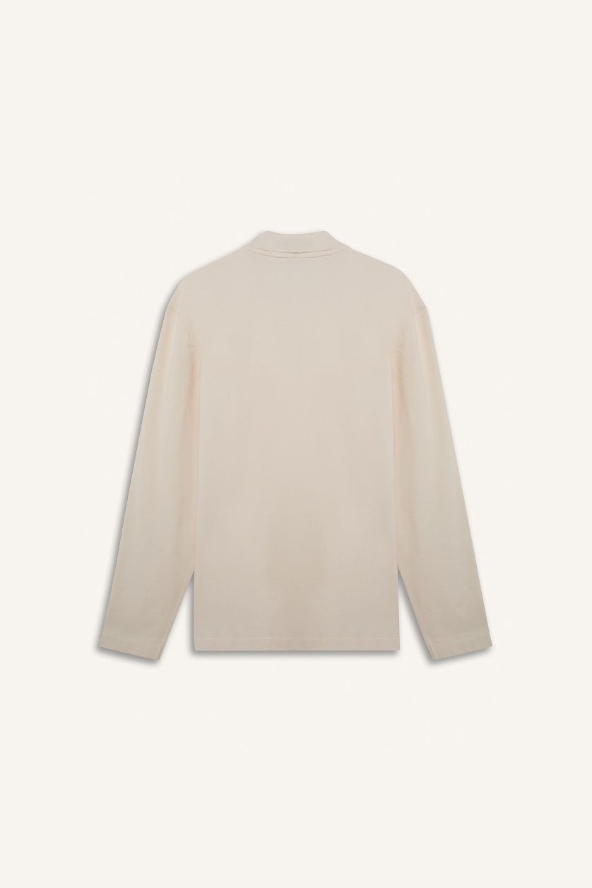 Erkek Kırık Beyaz %100 Pamuk New Regular Fit Polo Yaka Basic Düz Uzun Kollu Dokulu Pike Tişört