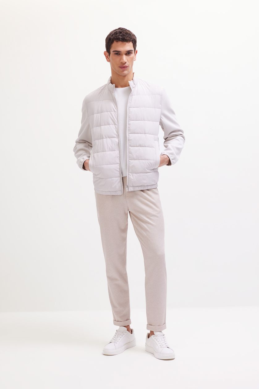 Man Light Grey Slim Fit Stand Collar Elastic and Zippered Waterproof Jacket