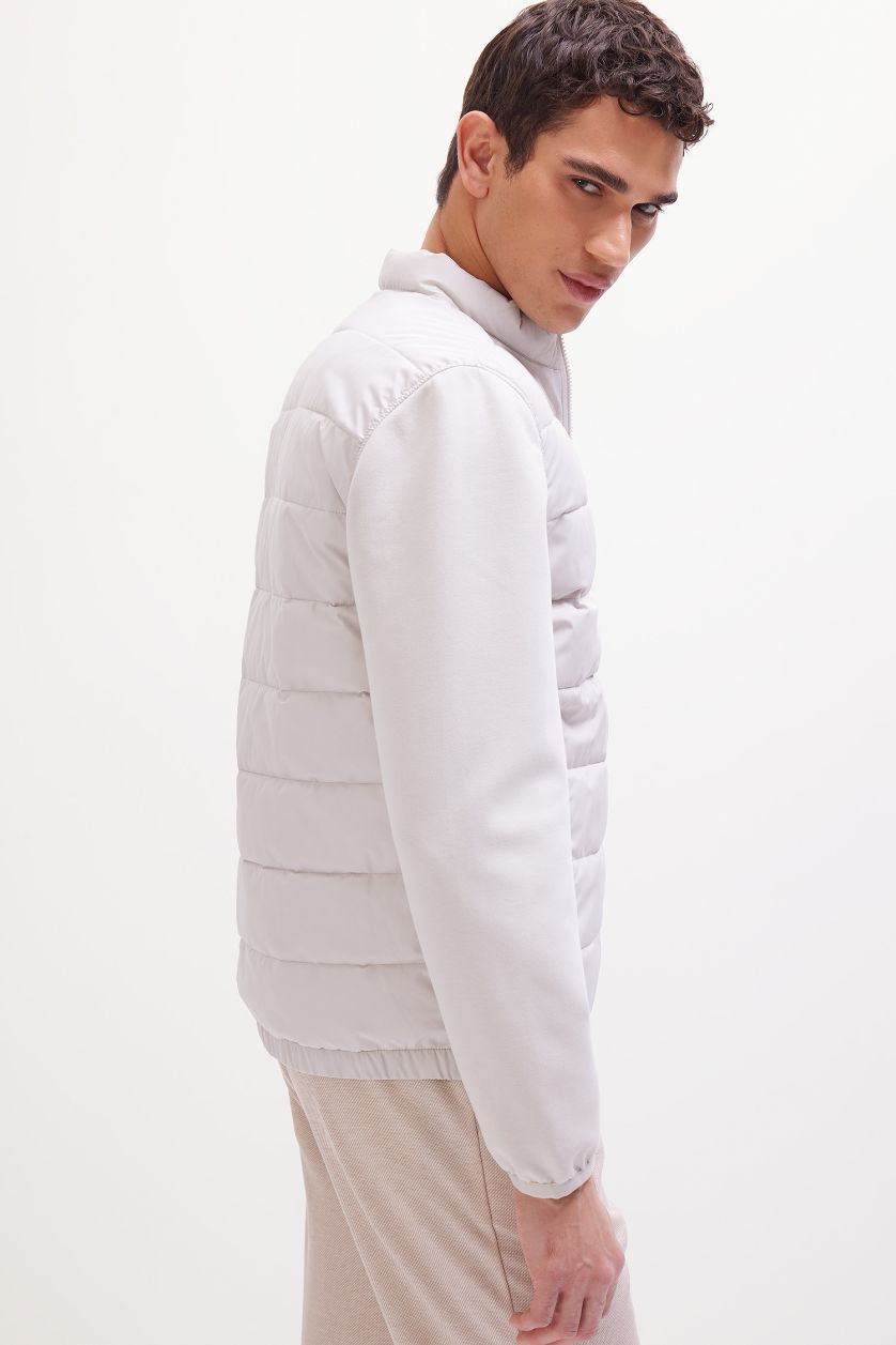 Man Light Grey Slim Fit Stand Collar Elastic and Zippered Waterproof Jacket