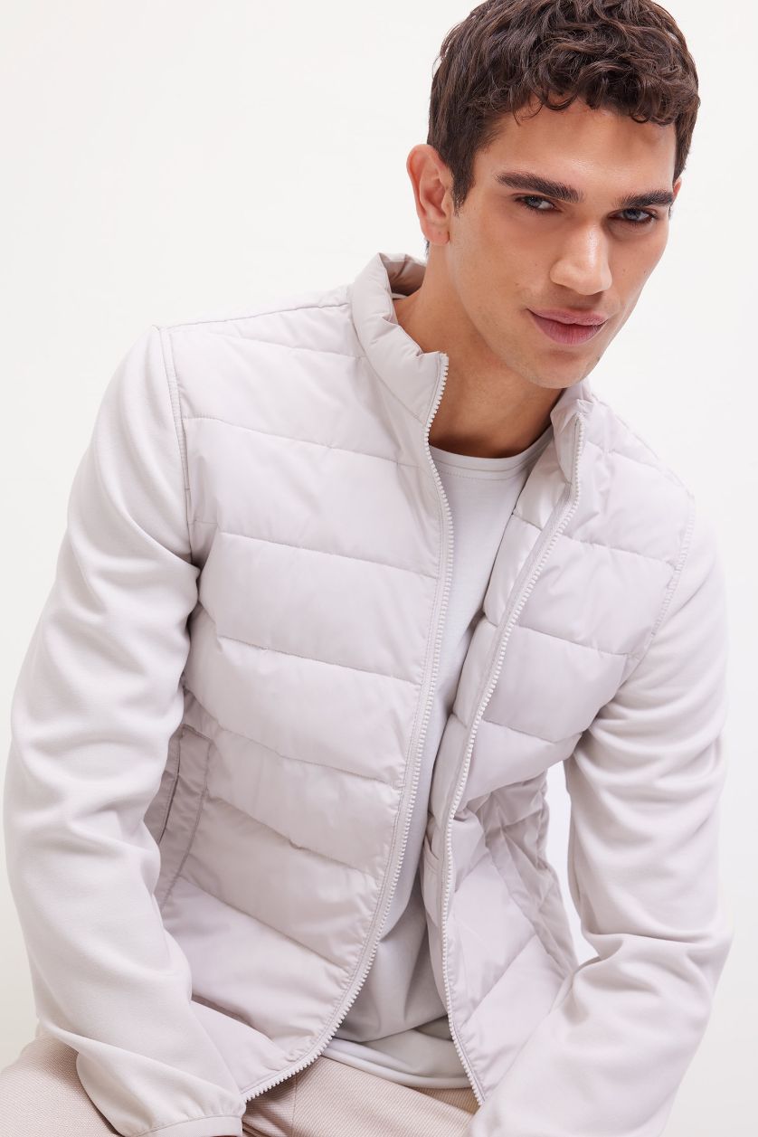 Man Light Grey Slim Fit Stand Collar Elastic and Zippered Waterproof Jacket