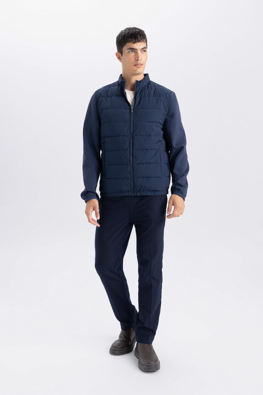 Erkek Lacivert Su Geçirmez Slım Fıt Dik Yaka Esnek Mont