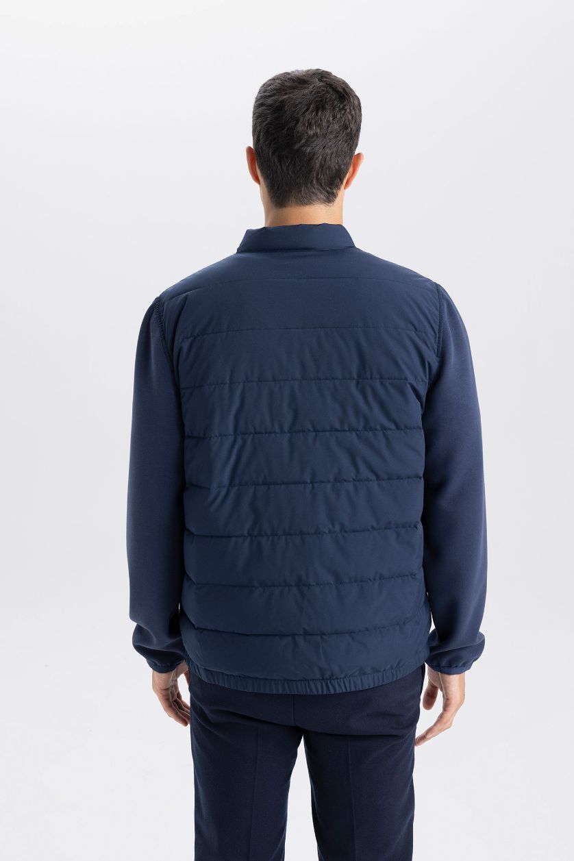 Erkek Lacivert Su Geçirmez Slım Fıt Dik Yaka Esnek Mont