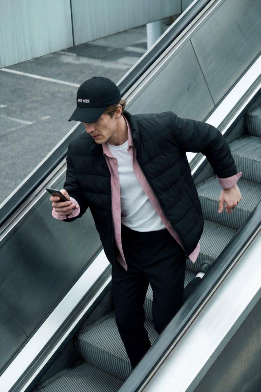 Erkek Siyah Su Geçirmez Slım Fıt Dik Yaka Esnek Mont