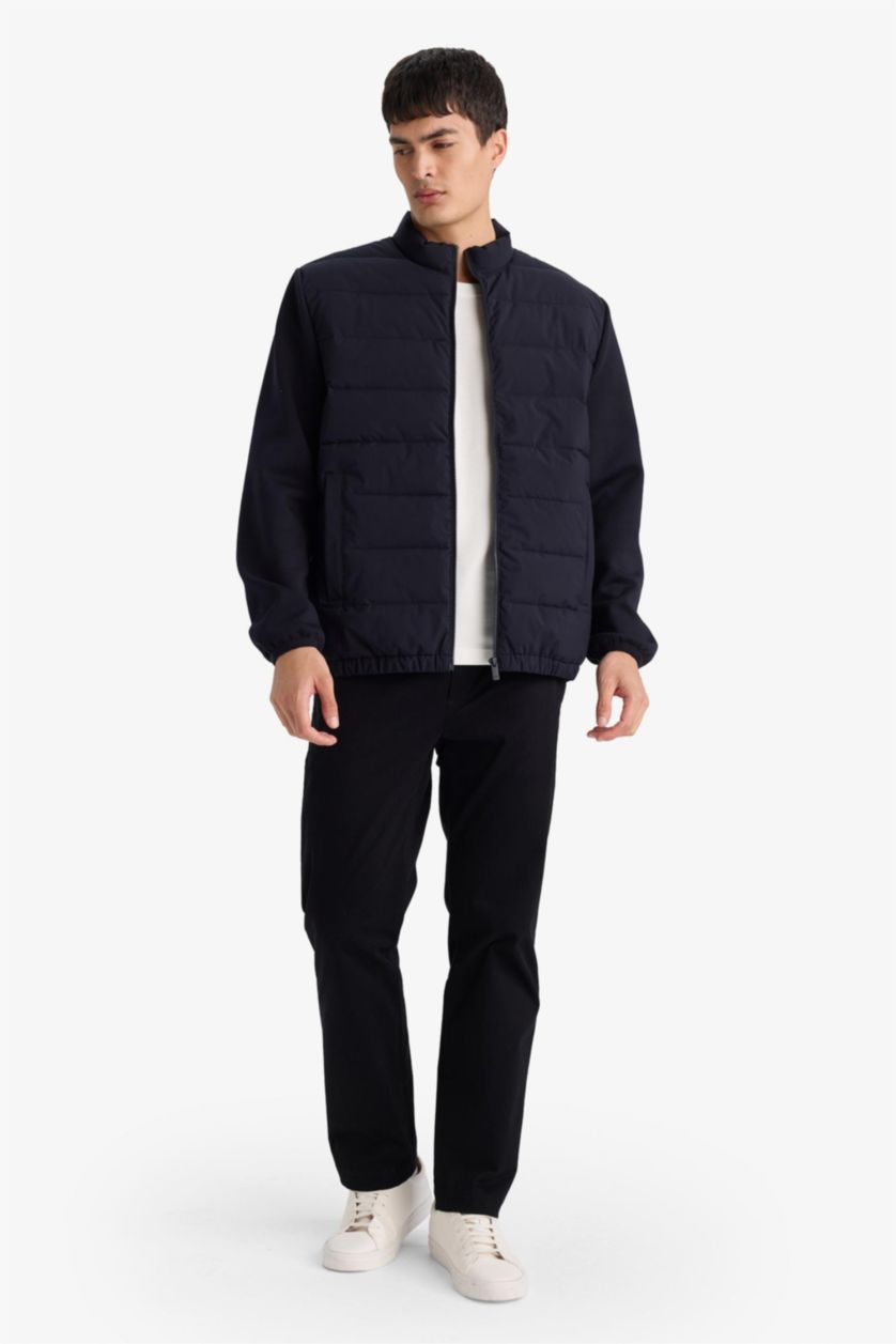 Erkek Lacivert Su Geçirmez Slım Fıt Dik Yaka Esnek Mont