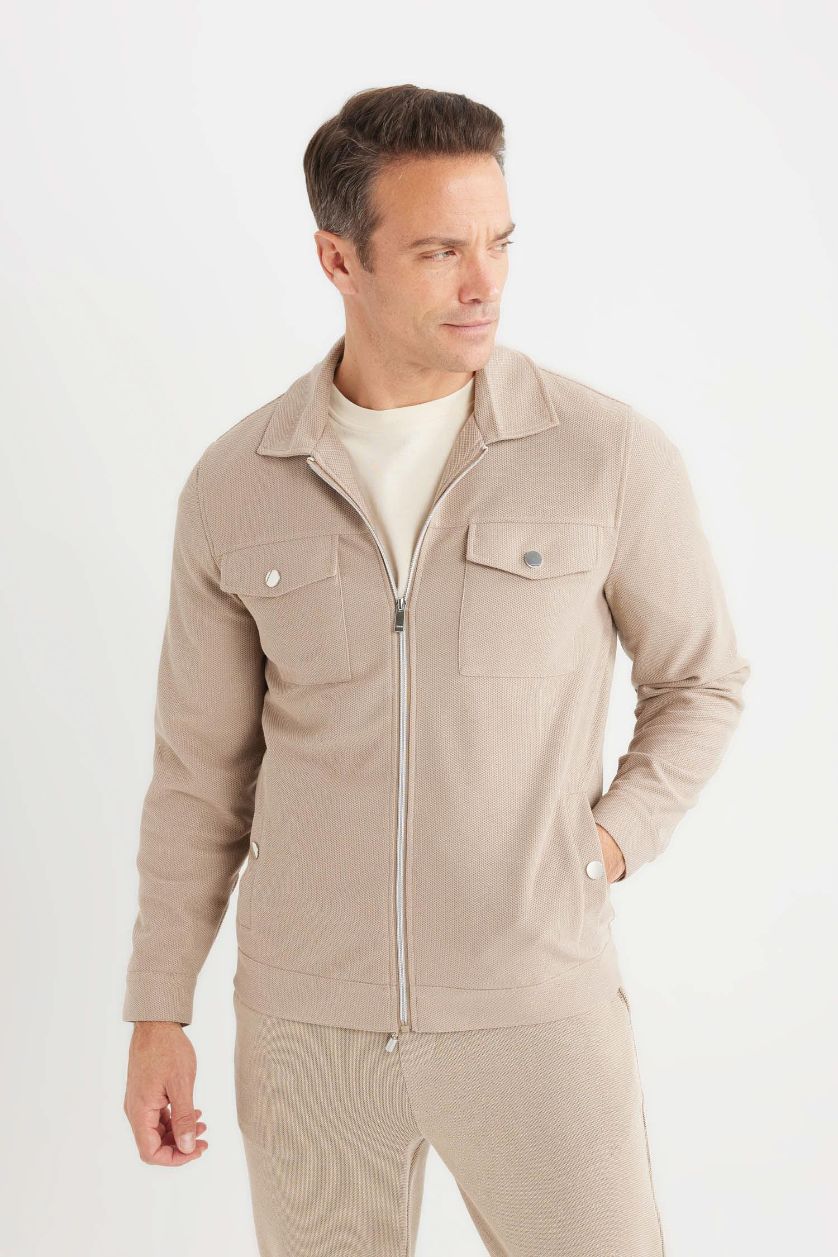 Erkek Bej Melanj Slim Fit Dar Kesim Astarlı Fermuarlı Cepli Mevsimlik Baharlık Mont