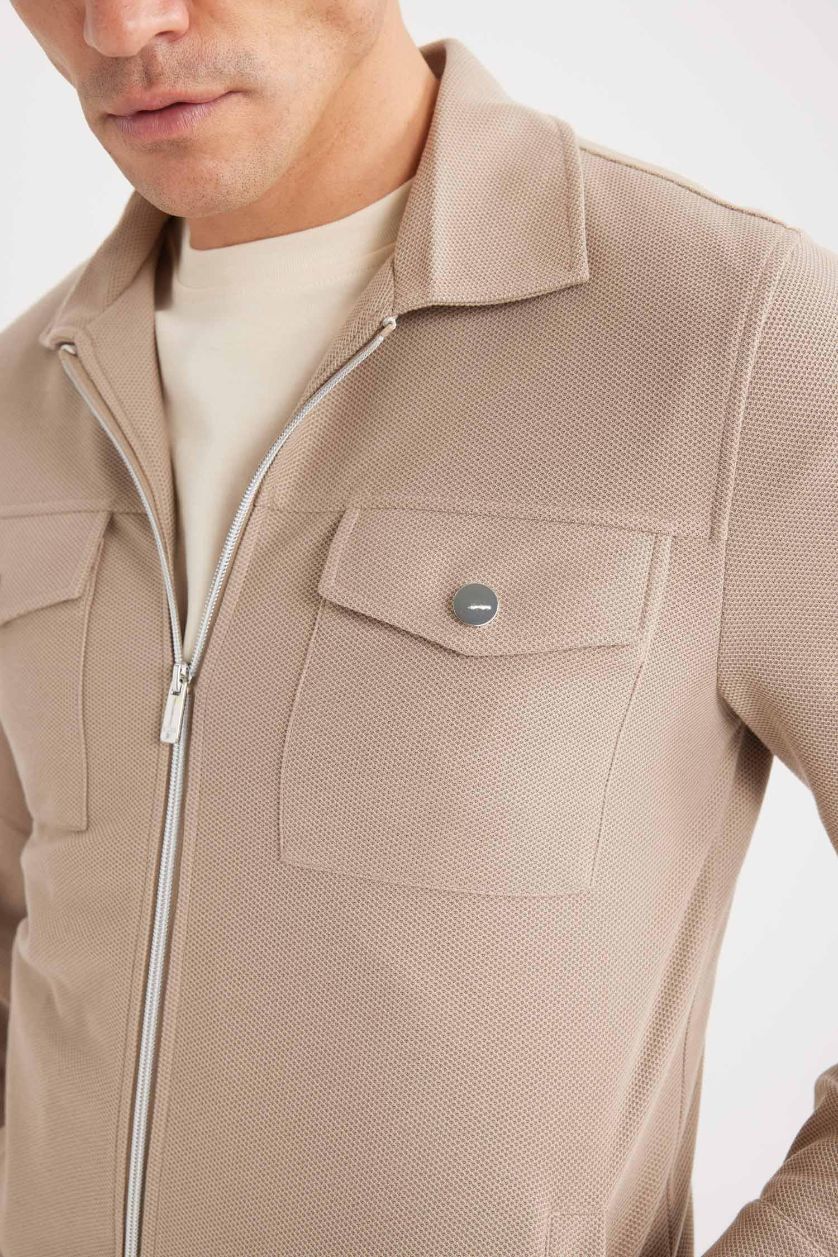 Erkek Bej Melanj Slim Fit Dar Kesim Astarlı Fermuarlı Cepli Mevsimlik Baharlık Mont