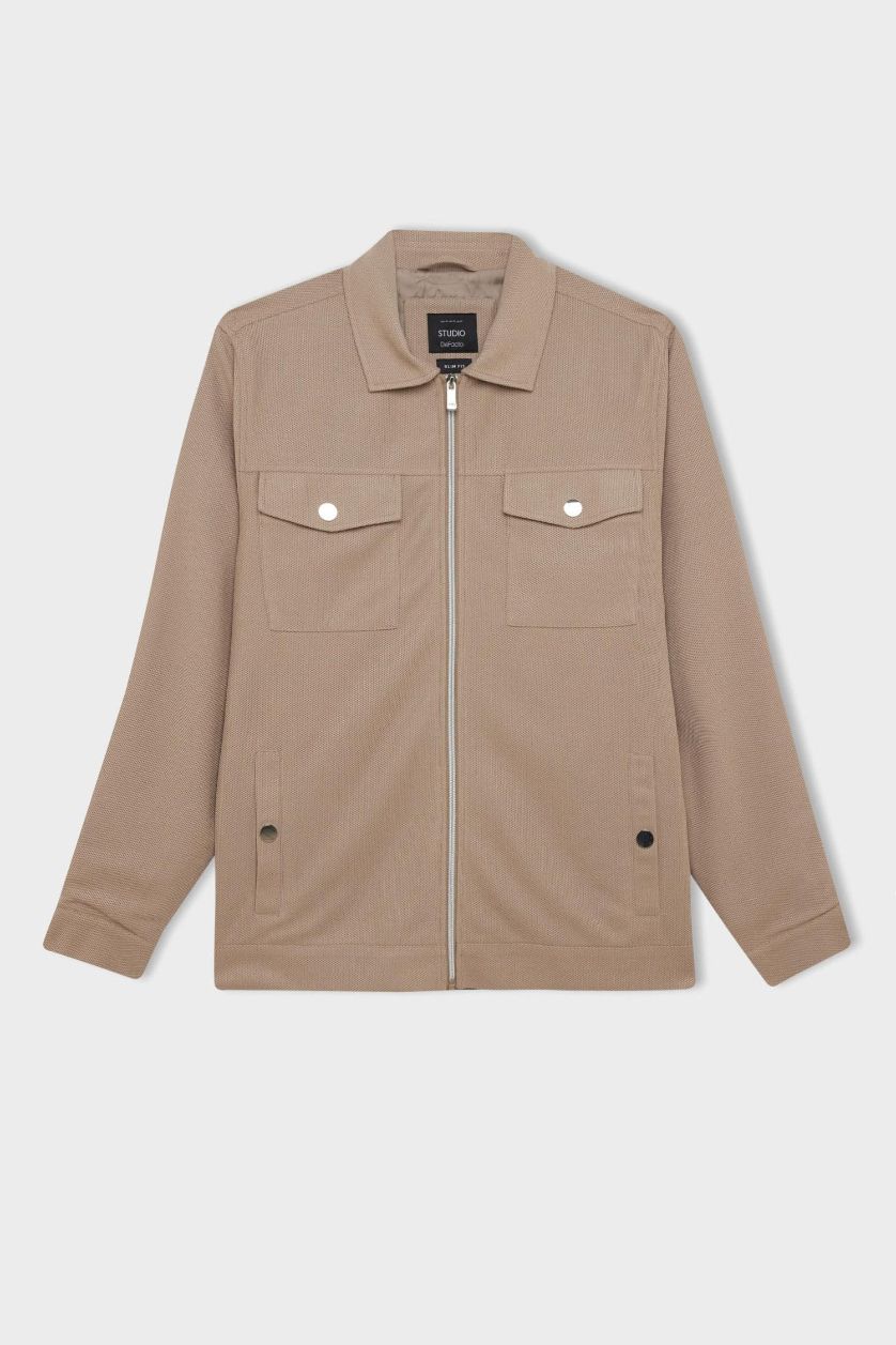 Erkek Bej Melanj Slim Fit Dar Kesim Astarlı Fermuarlı Cepli Mevsimlik Baharlık Mont