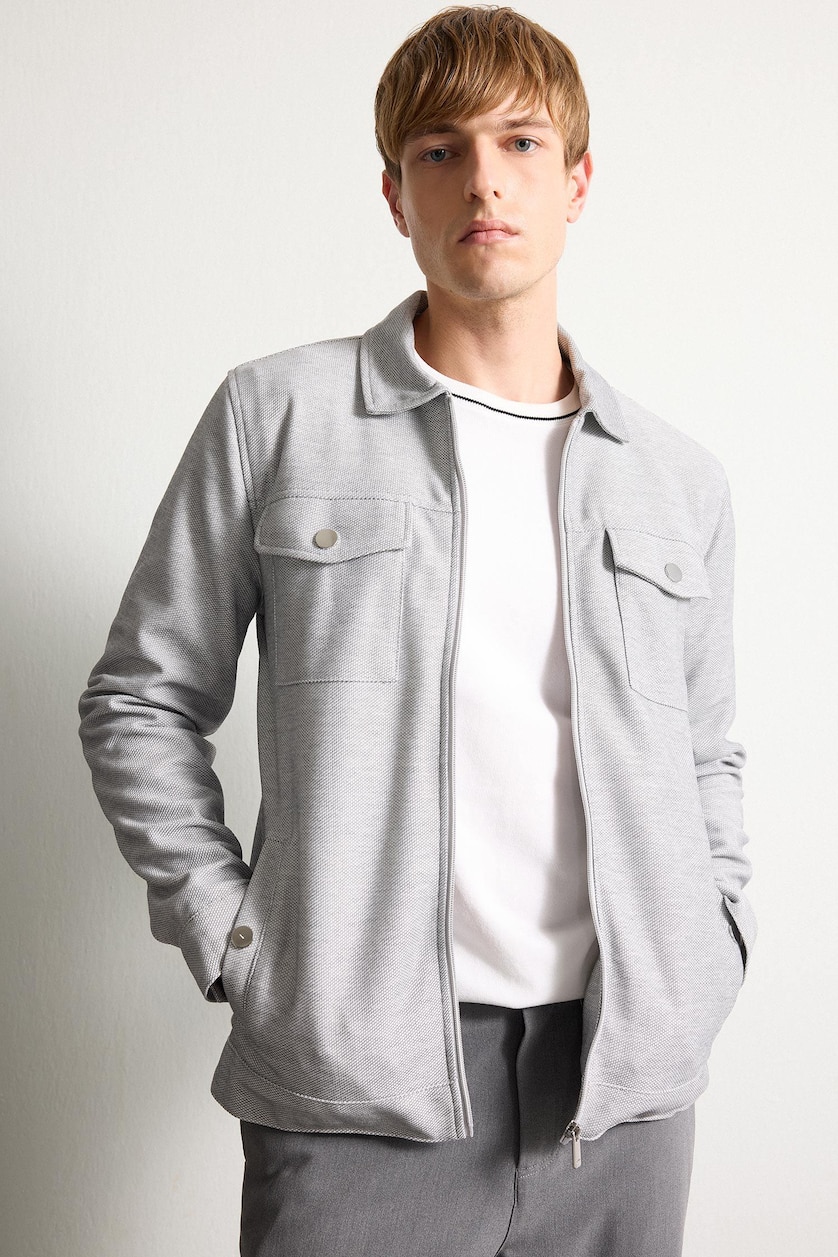 Men Grey Zipper Polo Collar Puffer Jacket
