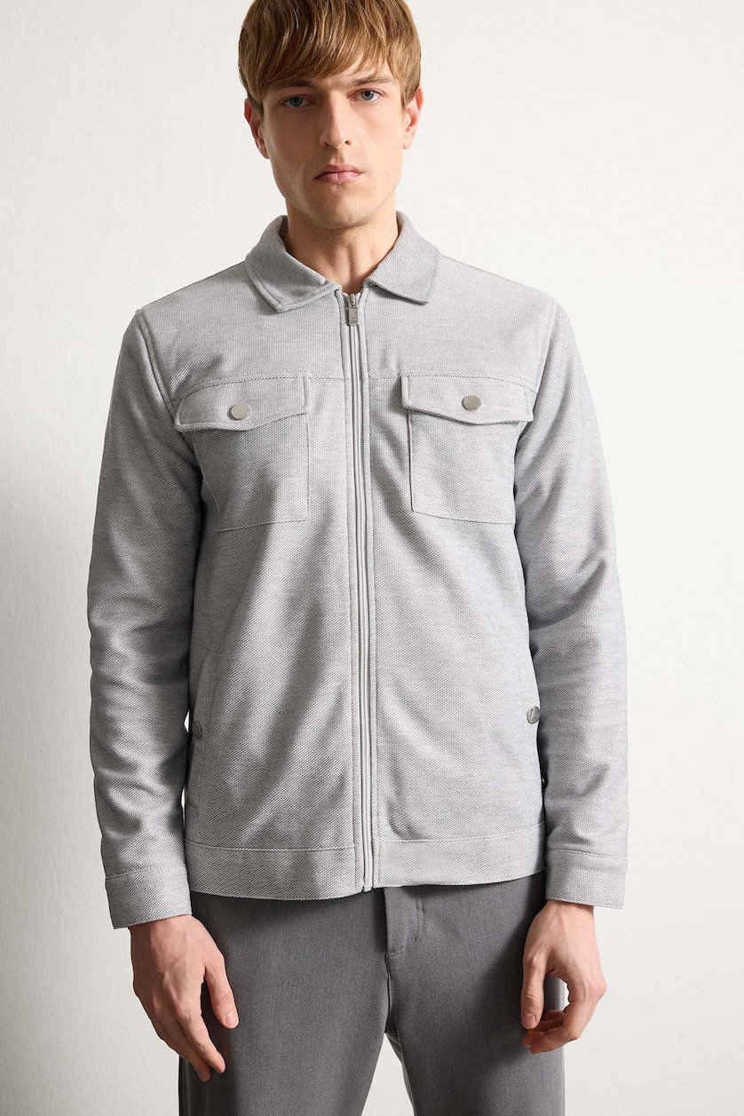 Men Grey Zipper Polo Collar Puffer Jacket