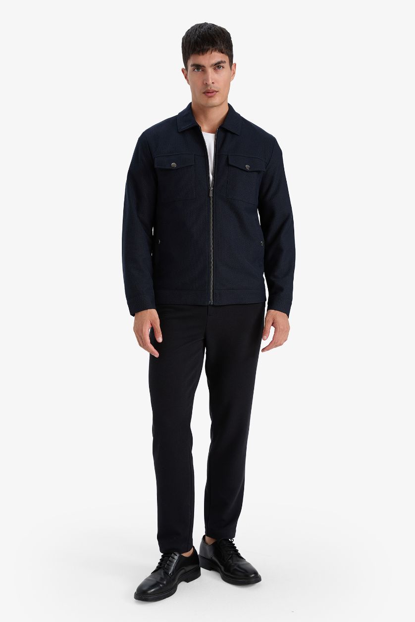 Erkek Lacivert Slım Fıt Polo Yaka Astarlı Fermuarlı Mont