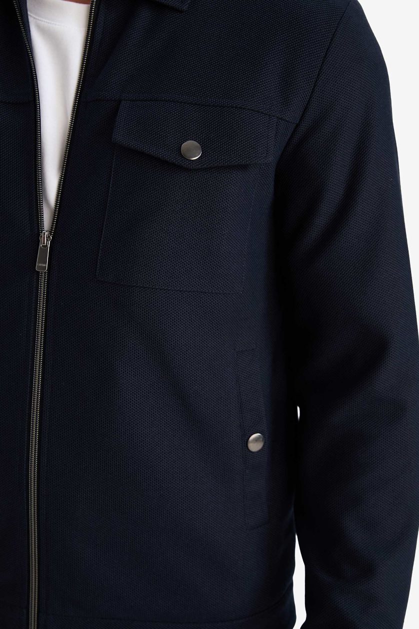 Erkek Lacivert Slım Fıt Polo Yaka Astarlı Fermuarlı Mont