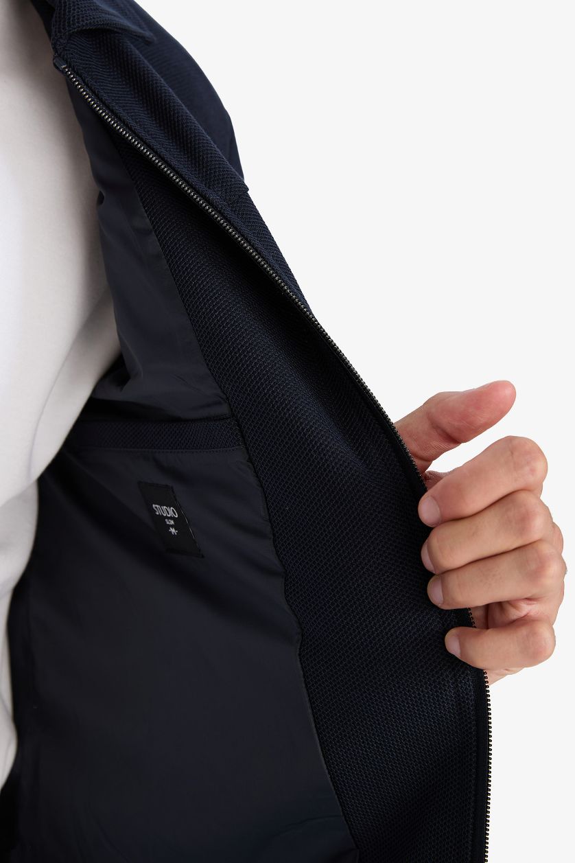 Erkek Lacivert Slım Fıt Polo Yaka Astarlı Fermuarlı Mont