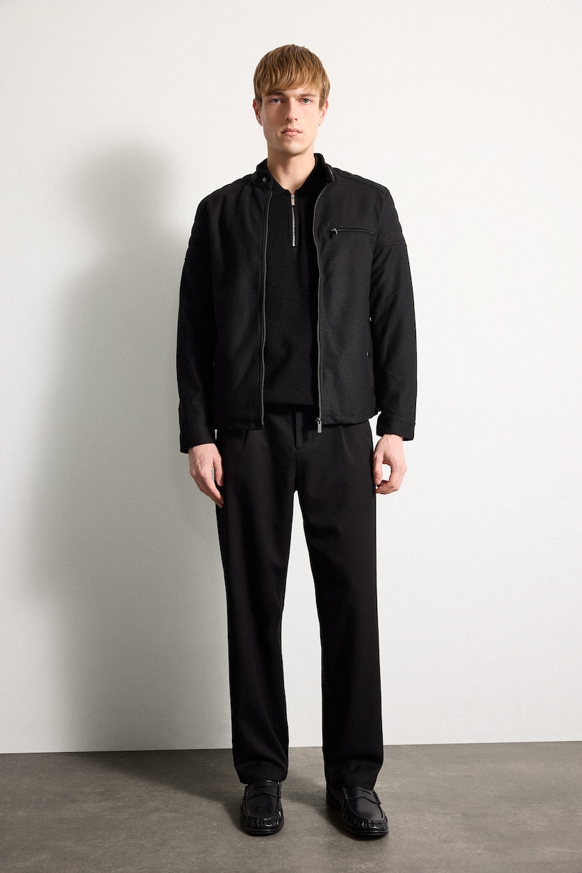 Men Black Slim Fit Zip-Up High Collar Jacket