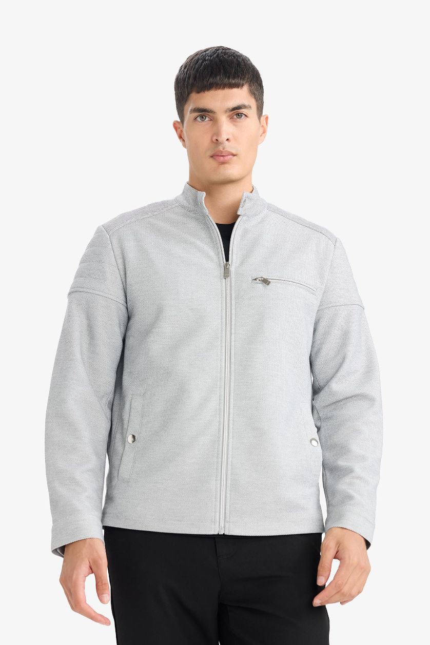 Erkek Gri Slım Fıt Dik Yaka Fermuarlı Mont