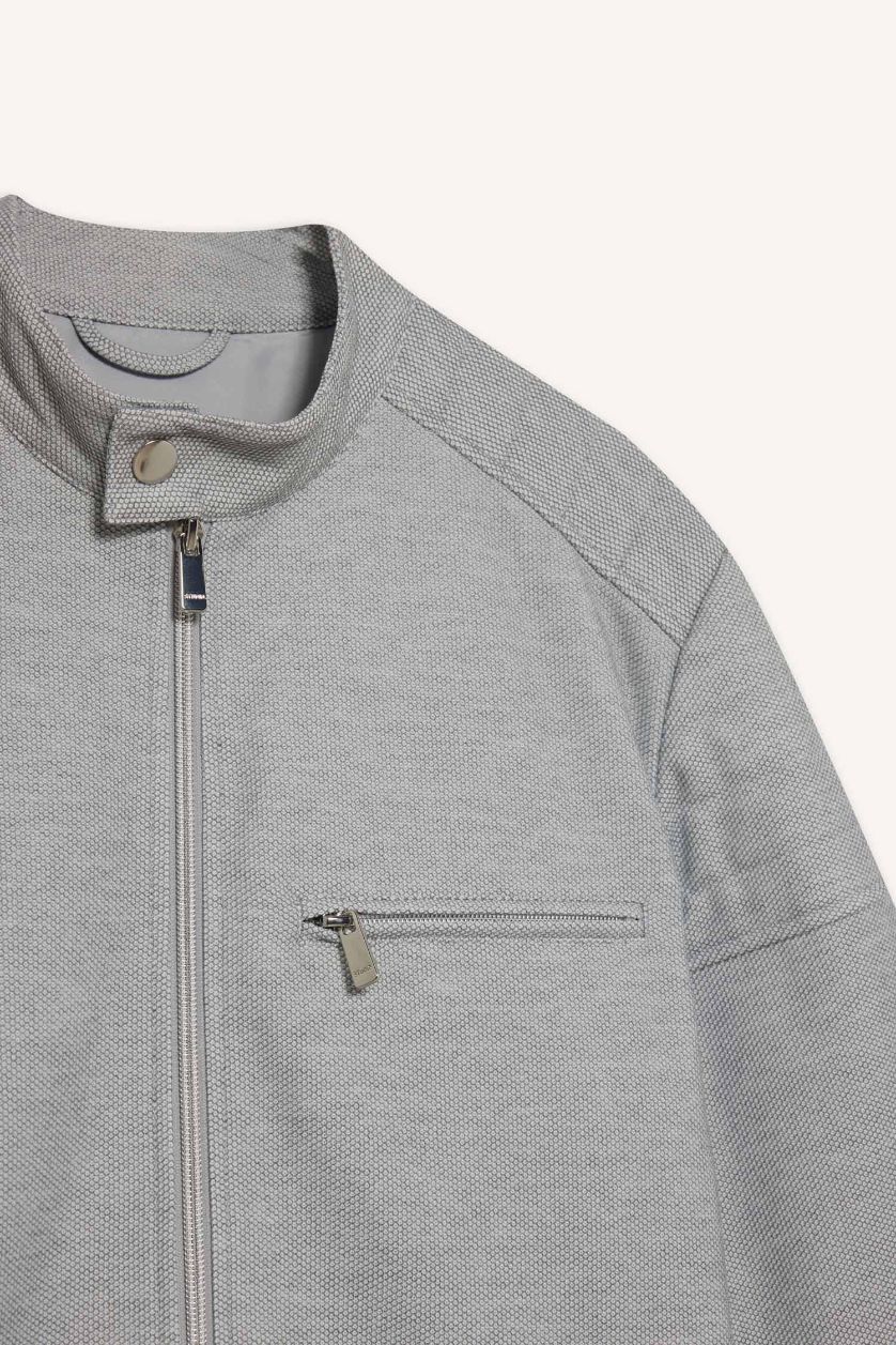 Erkek Gri Slım Fıt Dik Yaka Fermuarlı Mont