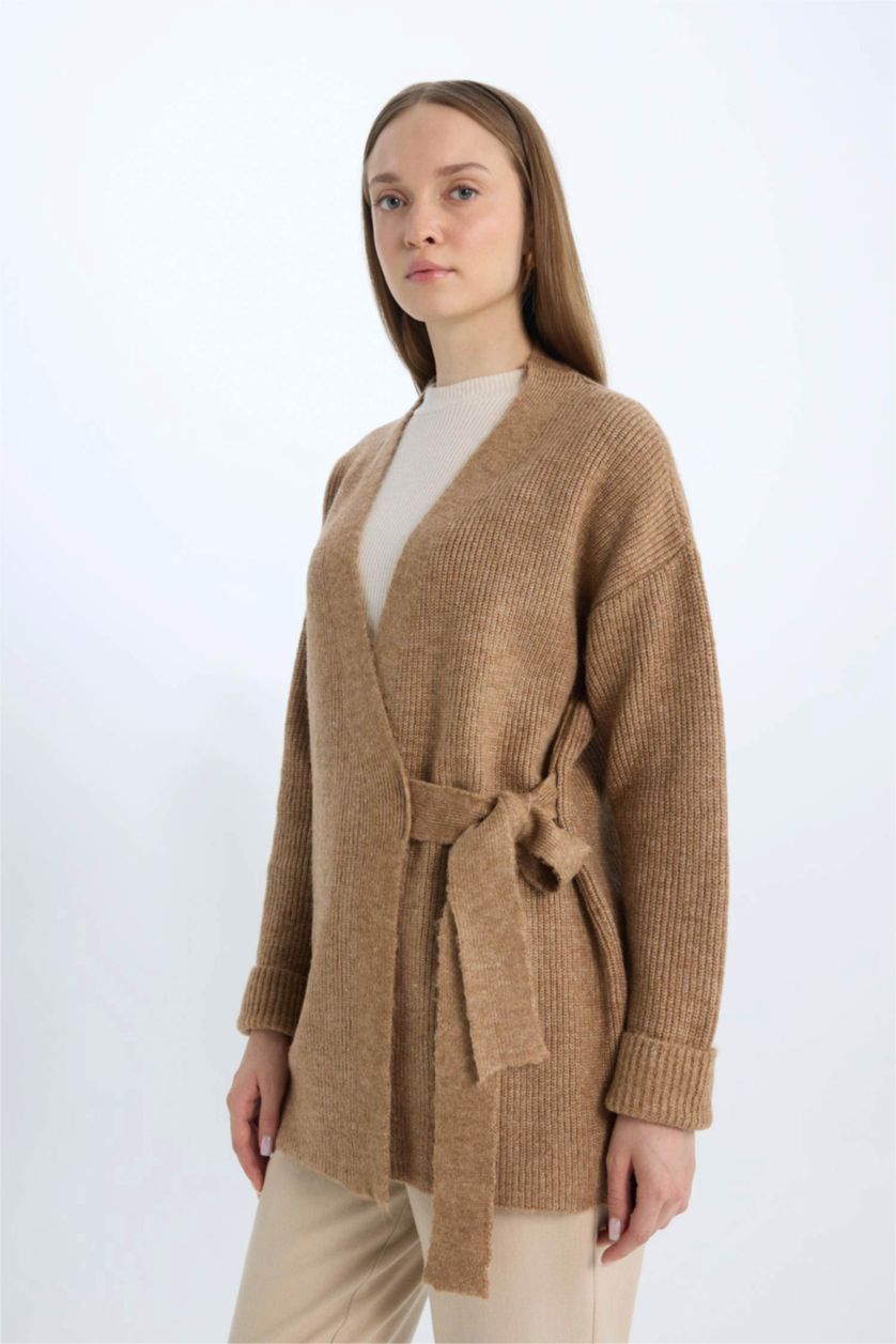 WOMAN Light Brown Relax Fit Basic Lace Detailed Knitwear Cardigan